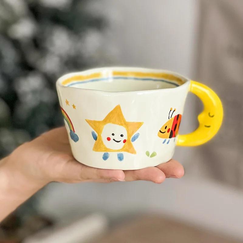 300ML Cute Coffee Cups Ceramic Cartoon Hand Painted Handle Breakfast Milk Beverage Water Cup Couple Mug Gift Home Office Drinks