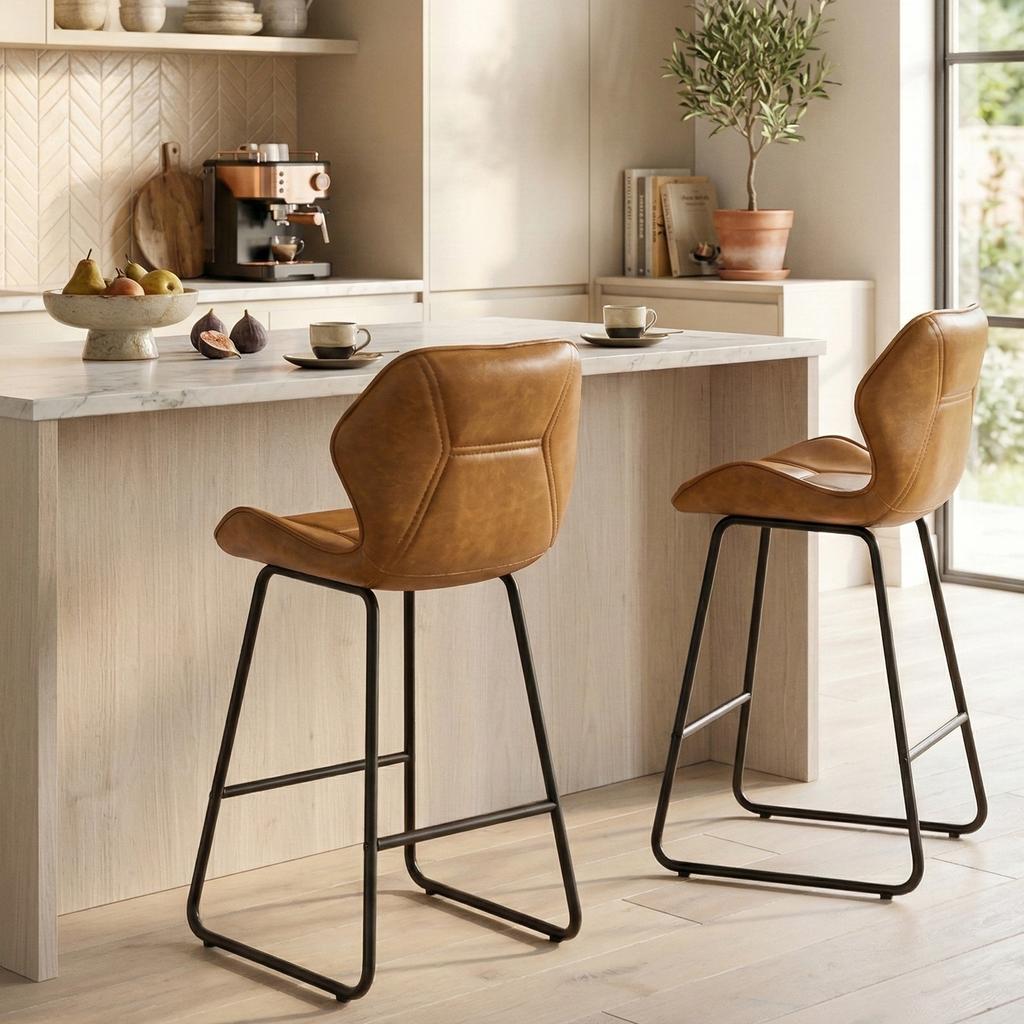 Set of 2 Bar Stools of Faux Leather, Bar Chairs with Backrest, Metal Frame and Footrest, for Kitchen, Counter, Home Bar and Dining Area,Cognac Brown