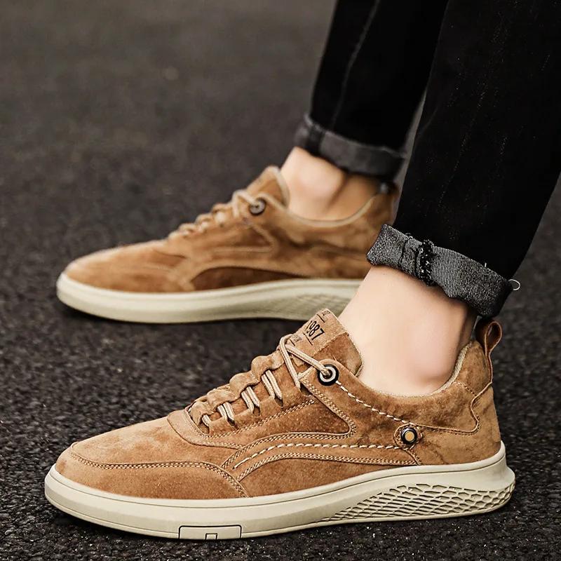 Fashion Brown Men Casual Shoes Handmade Man Shoes Suede Korean Style Skateboard Shoe High Quality Mens Sneakers Shallow Lace Up Shoes