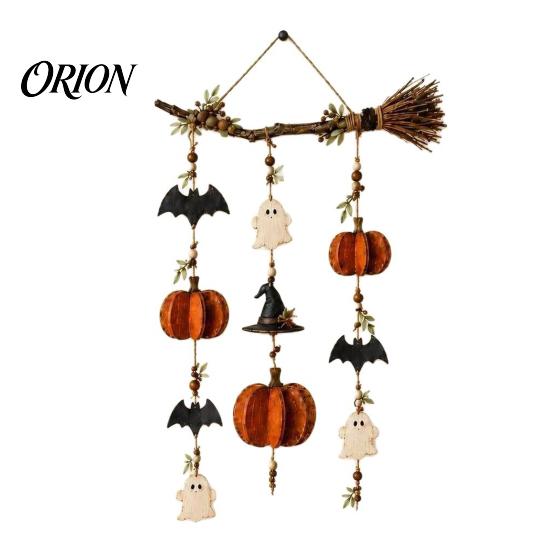 Decorazione Spettrale per Camera da Letto di Halloween Scopa di Strega in Legno da Appendere alla Parete con Luci LED, Zucca Fantasma Decorazione Rustica per la Casa Pipistrello, Ornamento per Porta Autunnale