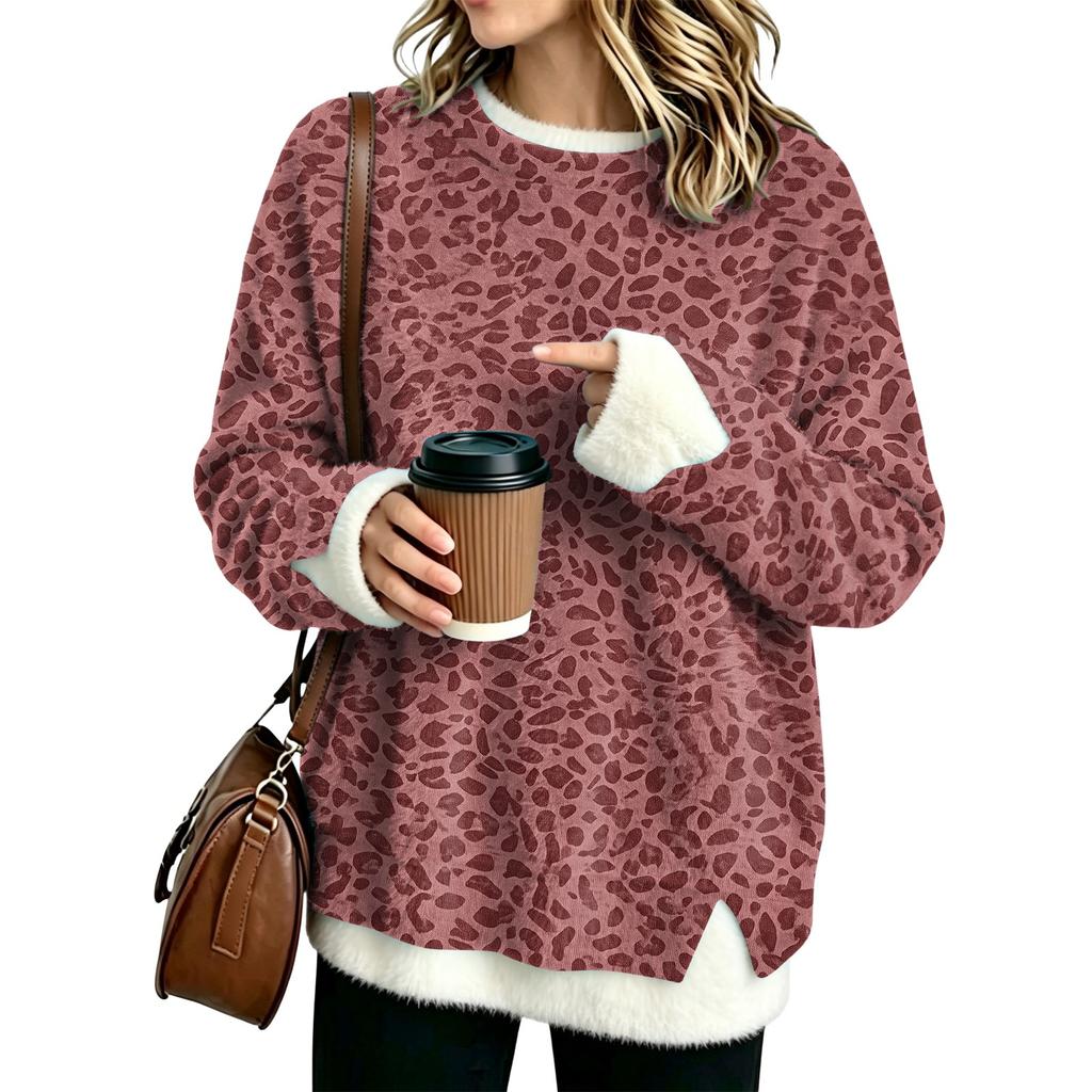 Women's Fashion Flannel Neck Two-Piece Leopard Print Top, Casual Paneled Blouse