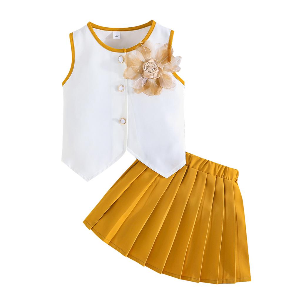 2PCS Girls Floral Applique Sleeveless Vest & Pleated Skirt Set, Casual Summer Two-Piece Outfit