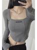 Crop top da donna con scollo quadrato, design a lisca di pesce, strisce piccanti, maniche lunghe