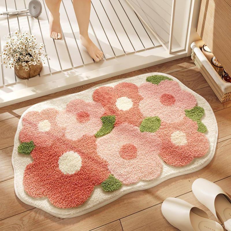 Fluffy Rainbow Heart Doormat Non Slip Water Absorbent Floor Mat for Bathroom Shower Kids Bedroom Home Decor