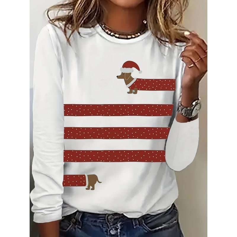 Spring and Autumn Round Neck 3D Dogs and Striped Patterns Printed Top Fashionable Casual Long Sleeved Women's T-shirts