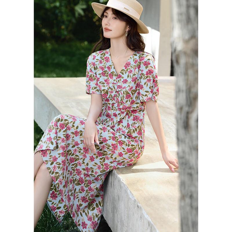 XWI French Elegant V-Neck Floral Midi Dress