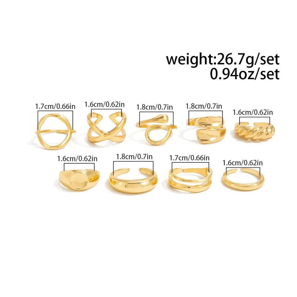 Salircon 9Pcs/Set Punk Glossy Hollowout Open Rings for Women Vintage Gold Color Adjustable Finger Rings Party Set Jewelry Gift