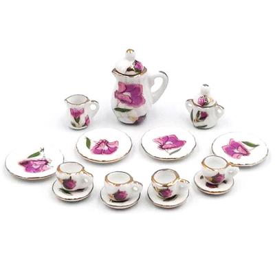 15Pcs/Set 1:12 Dollhouse Miniature Tableware Porcelain Ceramic Tea Cup Plate