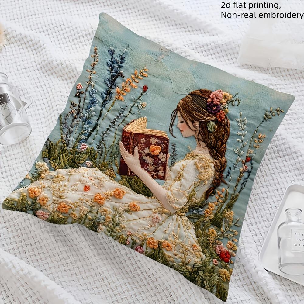 Enchanting 2D Printed Pillow Cover: Girl Reading Book Amidst Floral Wonderland Sofa cushion cover, home decoration, 2D printing