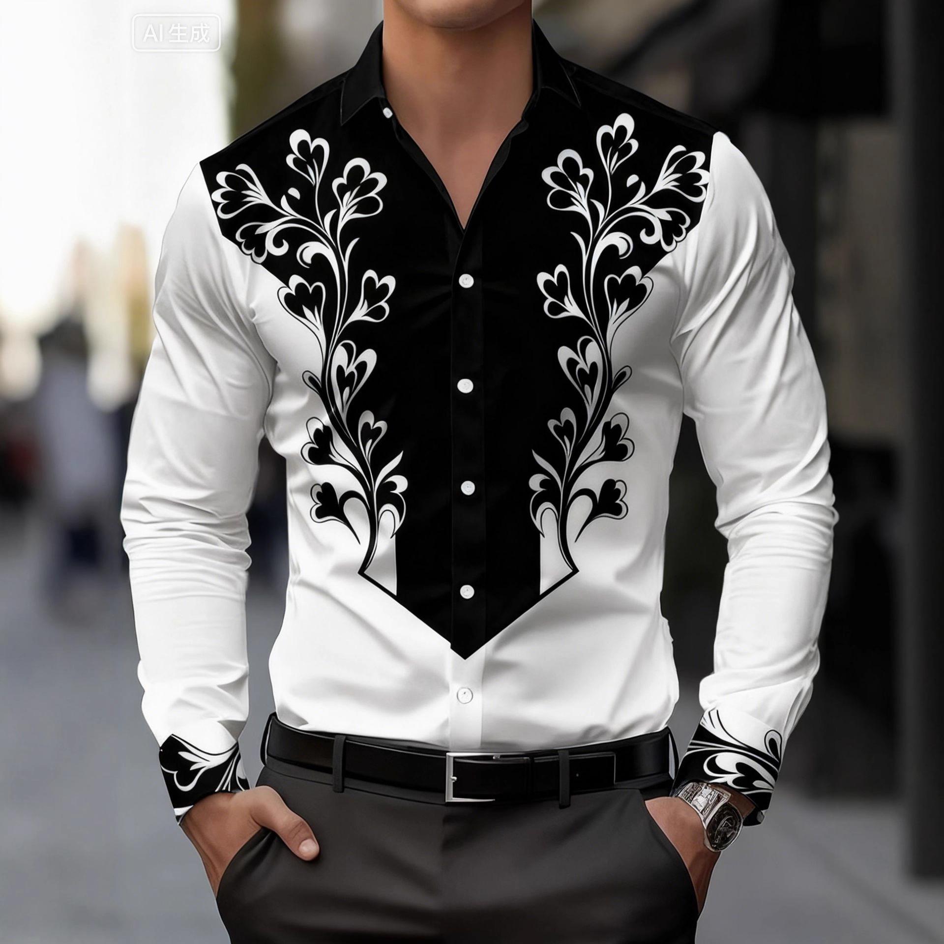 Men S Long Sleeve Printed Casual Stretch Shirt For Spring Autumn M