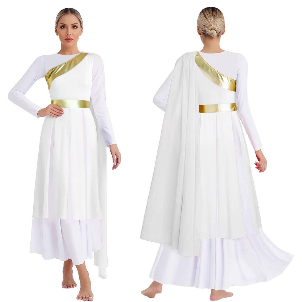 S-XXL Lyrical Worship Dance Dress One Shoulder Sleeveless Metallic Shiny Patchwork Slit Hem Tunic with Drape for Stage