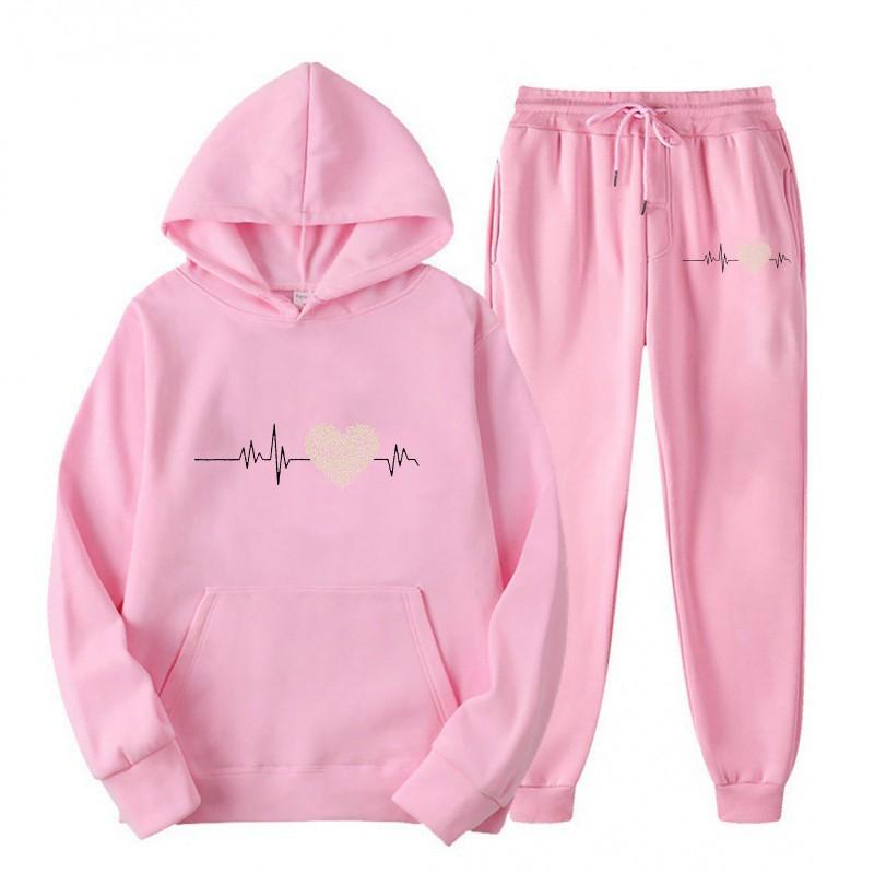 Womens Casual Hooded Sweatshirt Set Loose Fit College Style Printed Long Sleeve Top Drawstring Pants