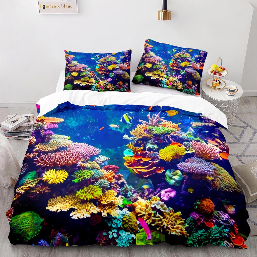 Underwater World King Queen Duvet Cover Cartoon Ocean Animal Bedding Set For Kids Fish Coral Sea Life Soft Polyester Quilt Cover