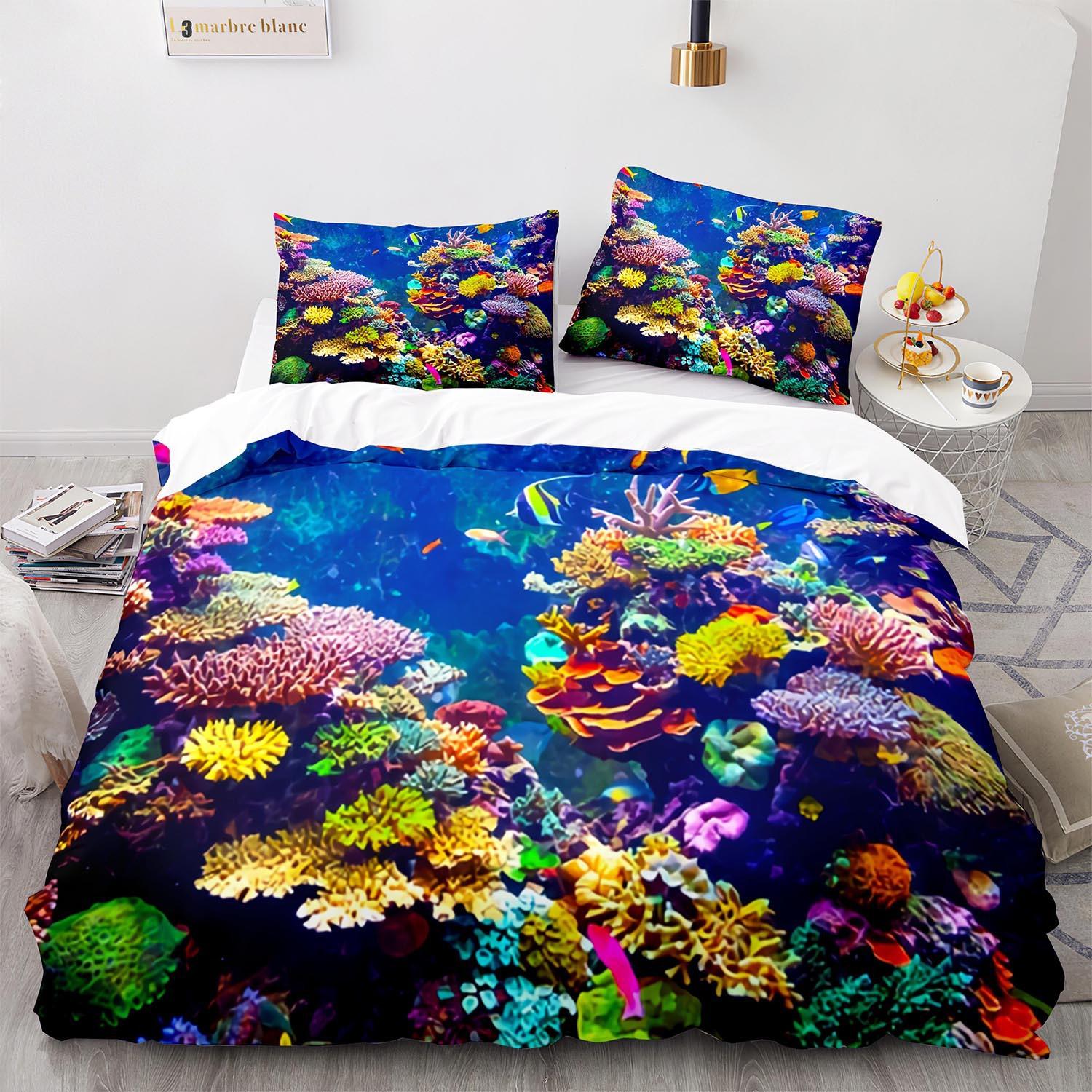 

Пододеяльник Кинг/Квин «Подводный мир» Мультяшный комплект постельного белья с океанскими животными для детей Рыбы Кораллы Морская жизнь Мягкий полиэстеровый пододеяльник EU single(135x200cm)