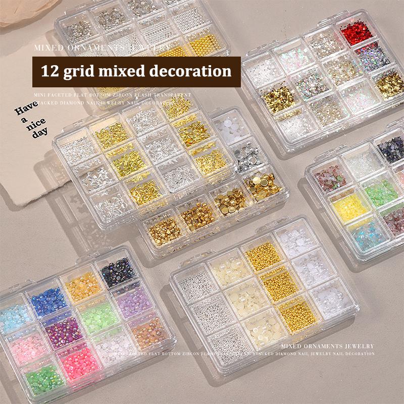 12 Grids 3D Nails Charms Mixed Special-Shaped Diamonds Flat Bottom Diamonds Pearl Sequins Butterfly Diy Manicure Parts