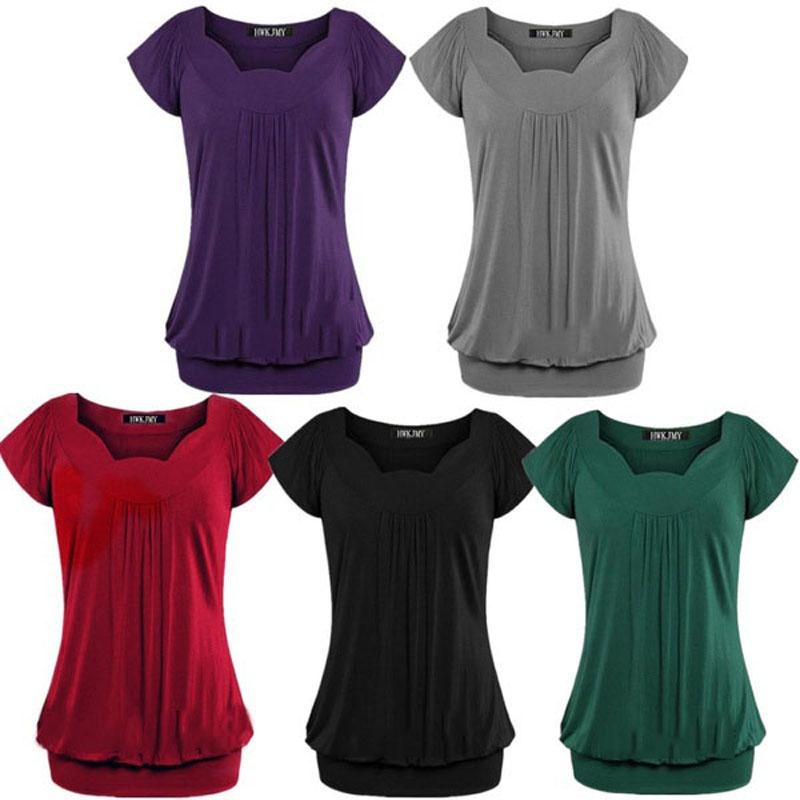 Elegant Women's Fashion Summer V-neck Short Sleeve Pleated Loose Blouse Plus Size