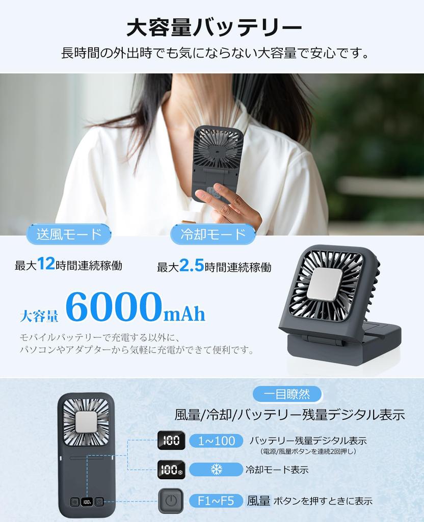 Unifun Handheld Fan with Cooling Plate Neck or Smartphone 3 Airflow Rhythmic 5000mAh Large Long Continuous LCD Battery Level USB Angle Heatstroke