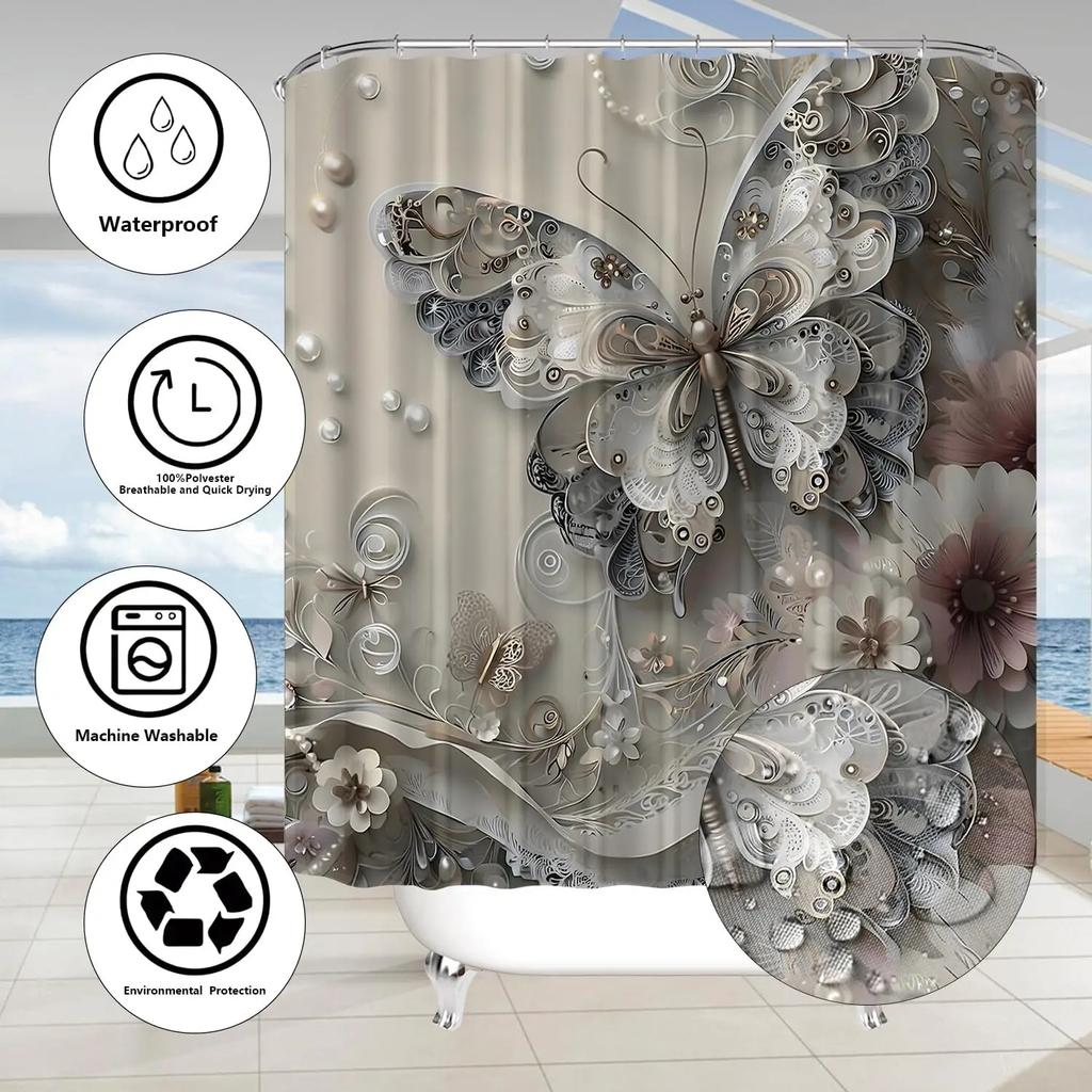 4-teilige Duschvorhang-Sets, Graue Schmetterlings-Badezimmervorhänge Duschset, Badezimmer-Deko-Sets, Duschvorhang für Badezimmer mit Teppichen
