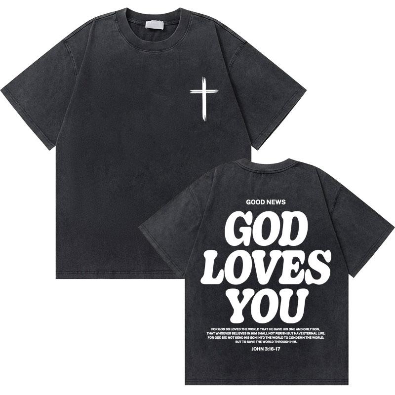 Lavado Vintage cristiano Jesús buenas noticias Dios te ama versículo de la Biblia camisetas gráficas hombres mujeres mod 2172