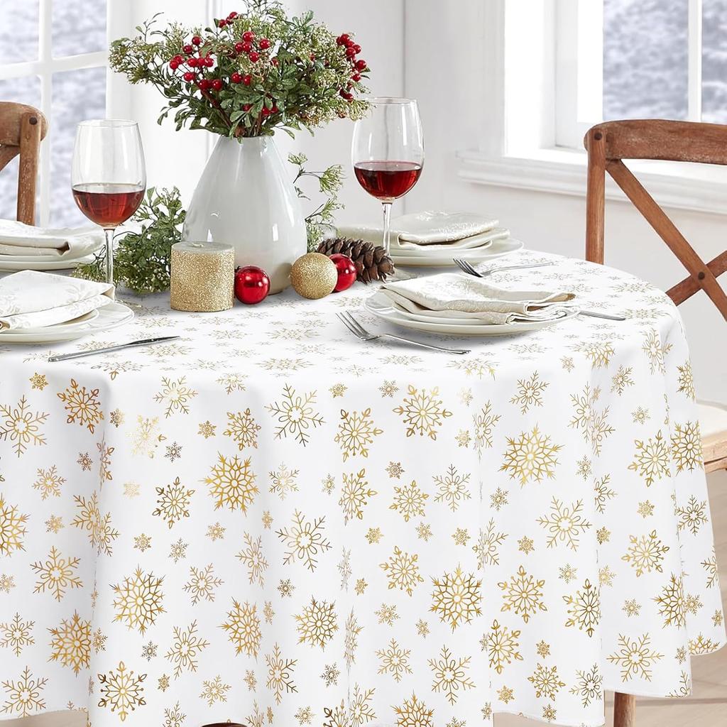 Weihnachts-Tischdecke Rund Wasserdicht Weiß Gold Schneeflocke Tischdecke, Waschbare Metallische Weihnachts-Tischdecke Spritzwassergeschützt Winter