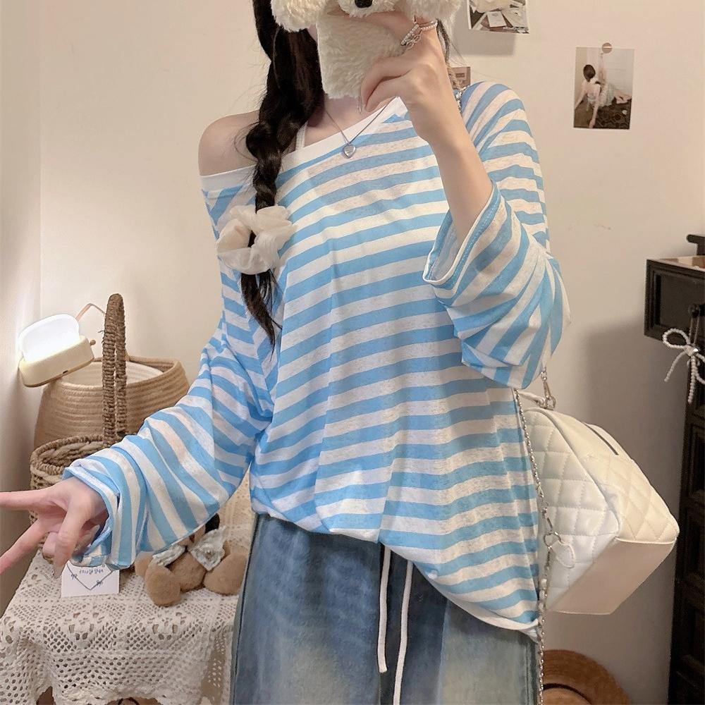 Summer Colorful Stripes Long Sleeve T-shirts Women's Casual Loose Thin Slightly Transparent Sun Protection Cover Tops T Shirt