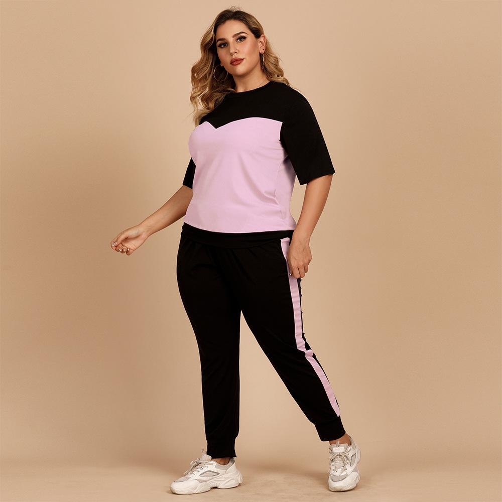 Large Size Women's T-shirt Pants Suit Summer Color Contrast Round Neck Shirt Elastic Waist Pants Loose Casual Sports Suit