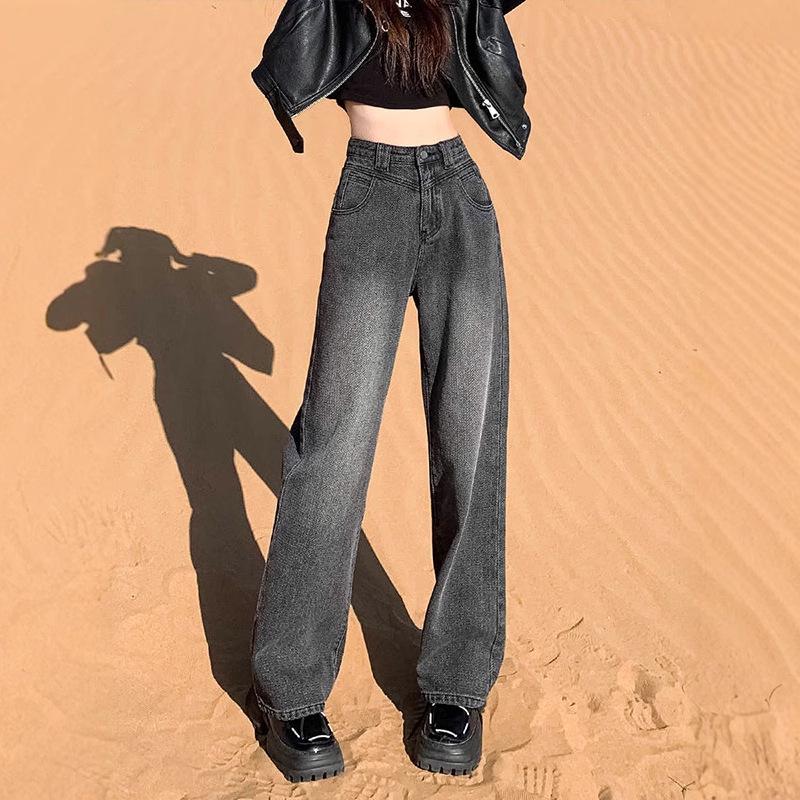 Women's Retro Black and Grey Wide-Leg Jeans - High Waist, Slimming, Petite Fit for Autumn/Winter 2024