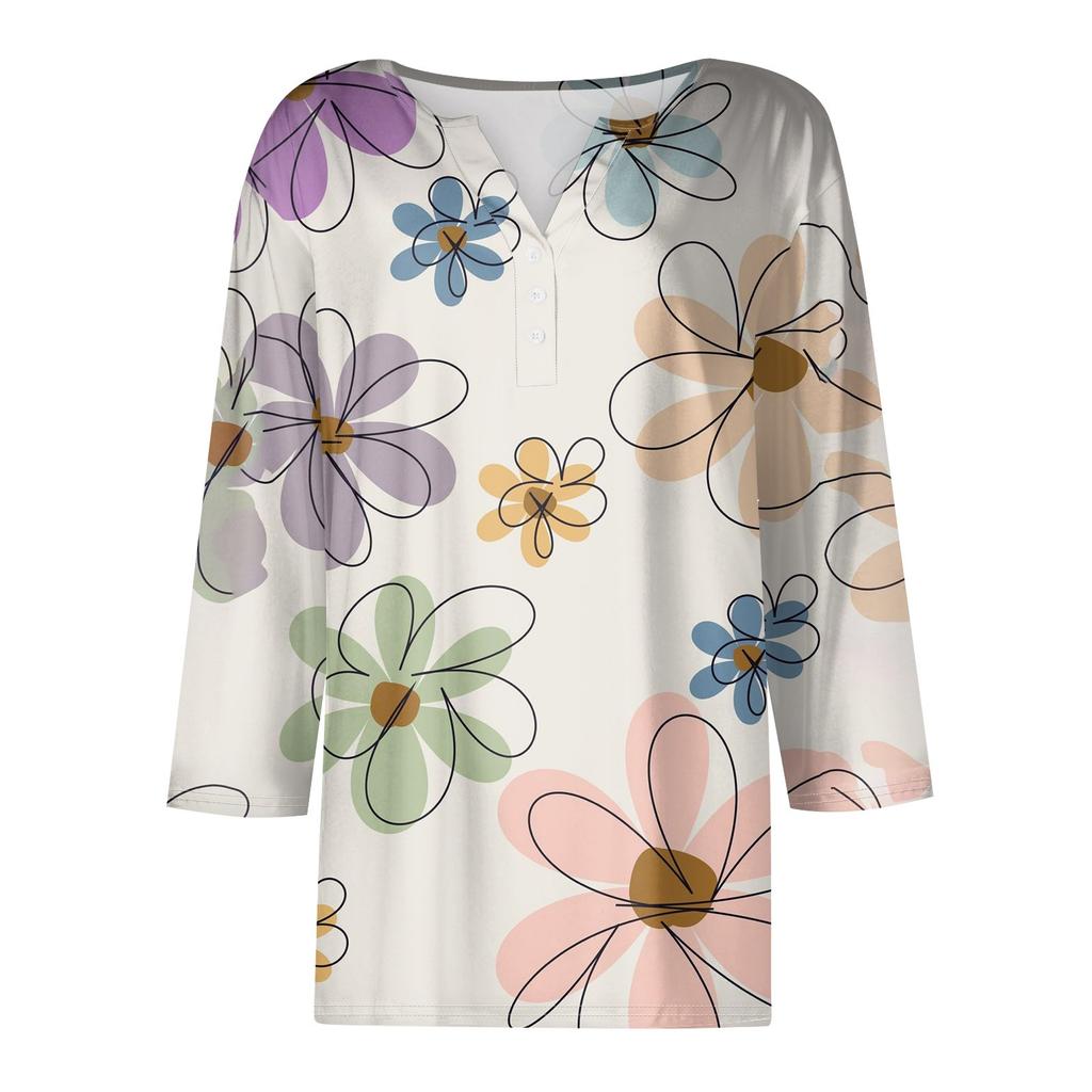 Women's Fashion Casual Printed V-Neck Short Sleeve Decorative Button Three-quarter Sleeve T-Shirt Top