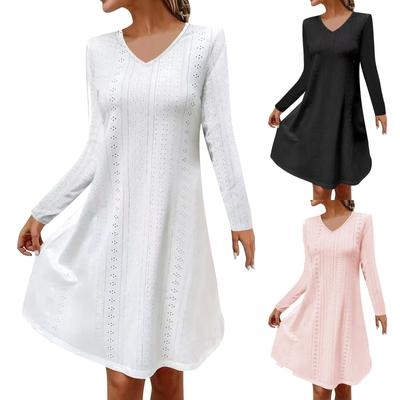 Women's Fashionable Casual Long-sleeved V-neck Hollow Solid Color Dress