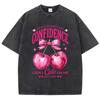 Pink Cherry Printed Washed T-Shirts Womens Cotton Tops Comfortable Distressed O-Neck Streetwear Womans Clothes