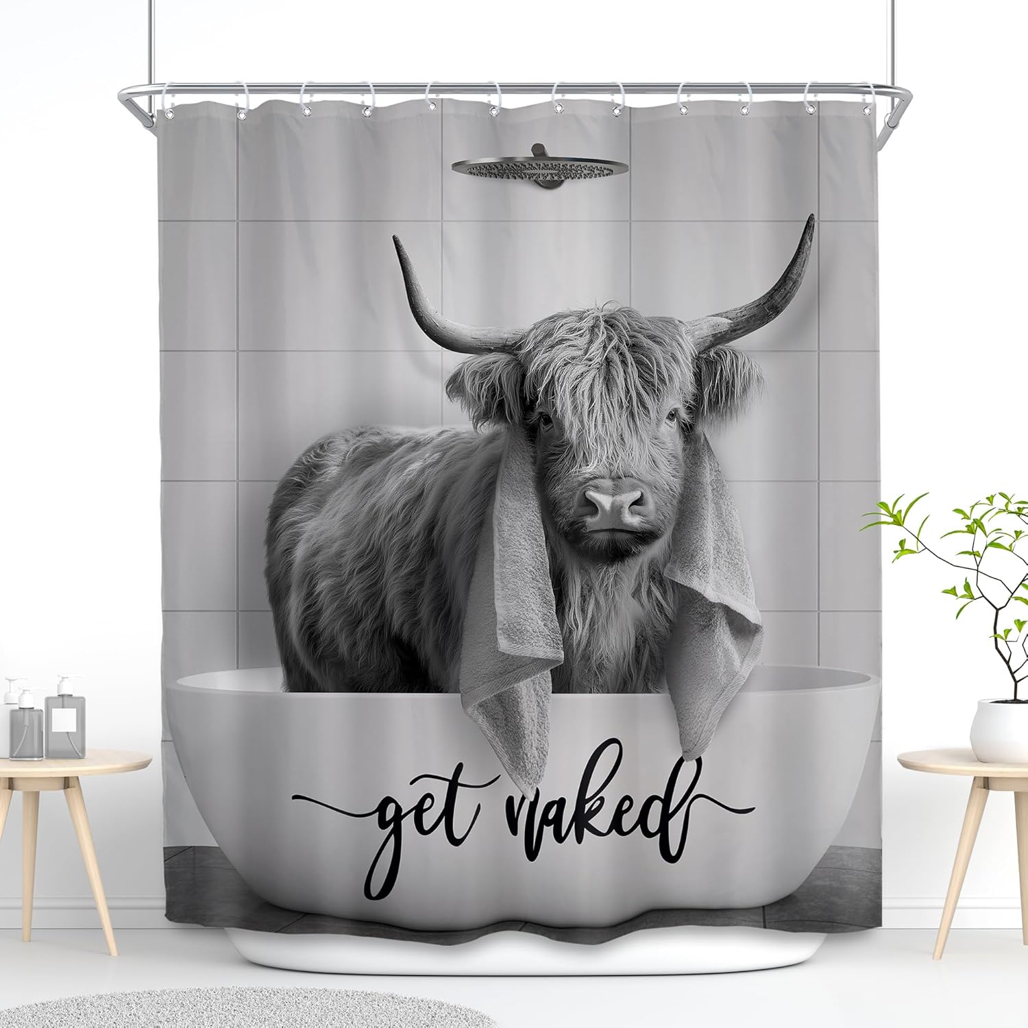 

Funny Highland Cow Shower Curtain, Get Naked Gray Bull In Bathtub Fabric Bath Decor With 12 Hooks For Bathroom, 1Pc W60H190(CM)-1 Pcs