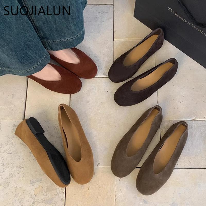 Fashion SUOJIALUN 2025 Women Genuine Leather Women Flat Shoes Fashion Round Toe Shallow Slip On Boat Shoes Soft Flat Heel Single Shoes