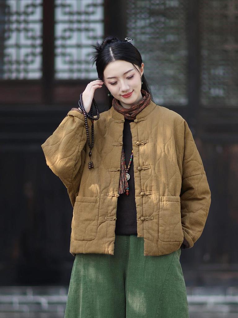 Women's Winter Ramie Quilted Jacket, Retro Stand Collar, Frog Closure