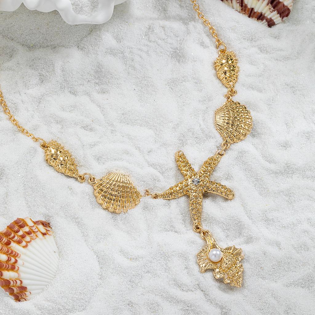 Bohemian Starfish Conch Scallop Pendant Necklace for Women Summer Beach Vacation Gold Color Collarbone Necklace Party Jewelry