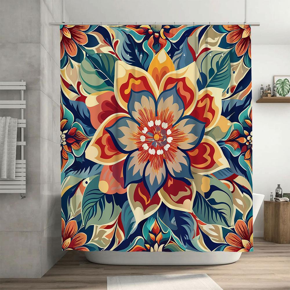 Multicolored Floral Shower Curtain Modern Bath Decor, Waterproof Fabric Home Bathroom Decoration Red, Blue, Yellow Flowers Desig