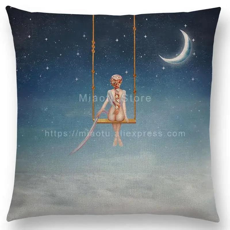 Latest Mysterious Imagine Animals Cushion Cover Forest Raven Fantasy Clouds Sky Moon Stars Earth Dream Girl Prints  Pillow Case