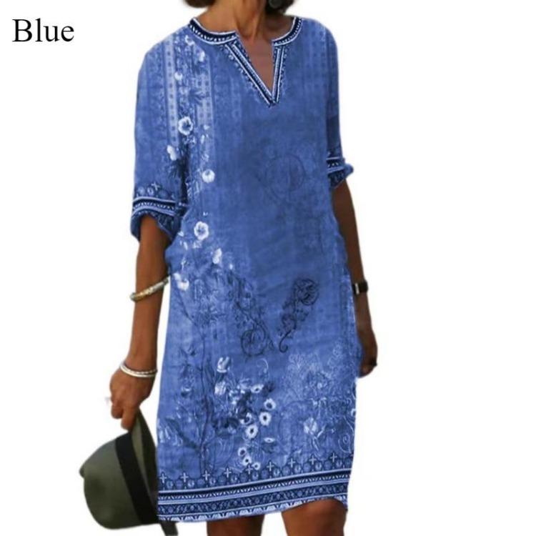 Women's Casual Summer Vintage Print V-neck A-line Beach Slim MIDI Loose Artsy Temperament Five-sleeve Top Dress Skirt