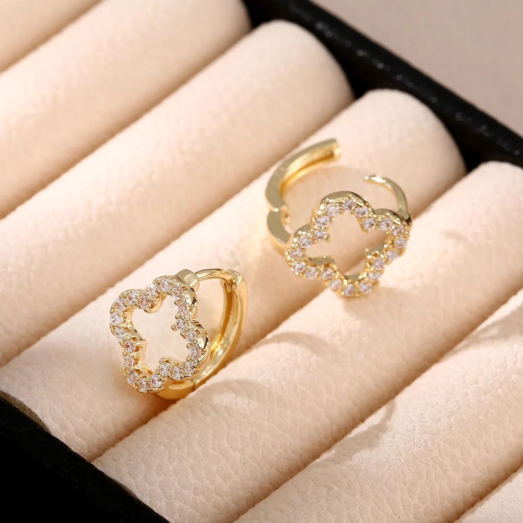 Exquisite Luxury Zircon Embedded Copper Floral Hollow out Petal Earrings Fashion Lucky Flower Shaped Ear Jewelry Accessories