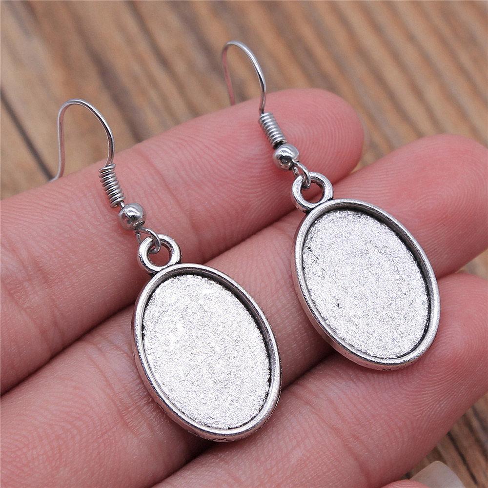 Drop & Dangle Earring Oval Ear Hook Glass Cabochon Base Setting Tray Vintage Jewelry SuppliesEarring Size 18x19mm QE017