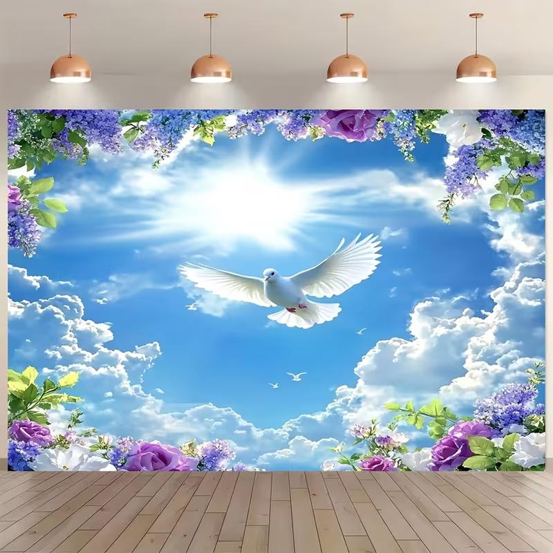 Serene Dove Tapestry, Peaceful Scene of a White Dove Soaring Under a Sunny Sky with Blooming Flowers, Gentle and Spiritual Wall Art