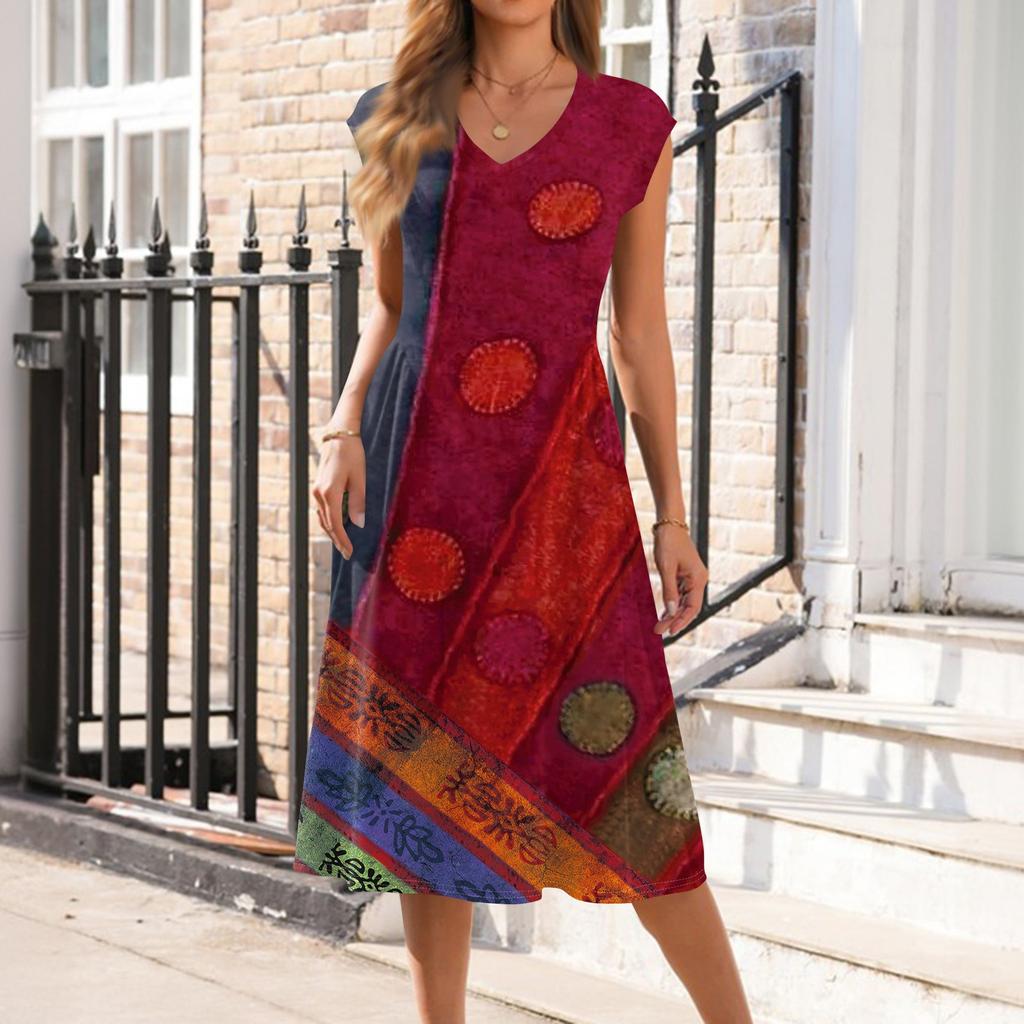Dámské šaty s potiskem, výstřihem do V, bez rukávů, patchworkovým skládaným střihem a potiskem rukávů