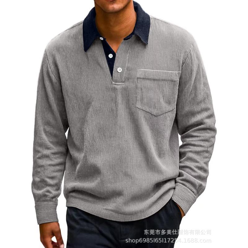 Autumn and Winter New Men's Retro Corduroy Button Pocket Color Blocked Casual Turn Down Collar Long Sleeved Polo Shirt for Men