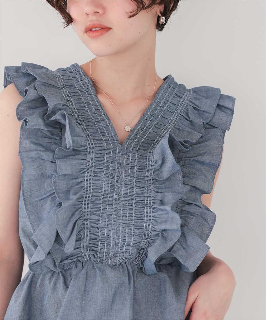 Titibait Shirred Ruffle Sleeveless Blouse AFXP4275 Medium Blue Women's