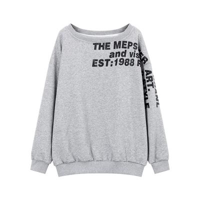 Graues Sweatshirt mit Buchstabenaufdruck für Damen im Frühlings- und Herbstdesign, lockeres, lässiges schulterfreies Oberteil