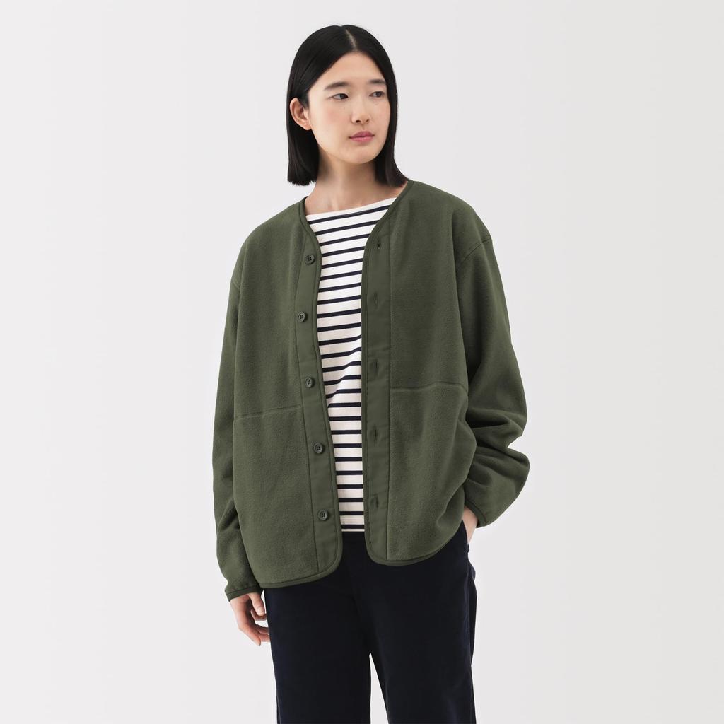 MUJI Returnable Fleece Khaki Size L Men's Cardigan, Green, (AB1P8A5A)