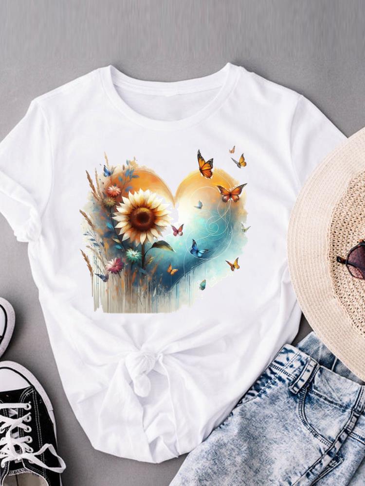 (Asian Size) Watercolor Butterfly Trend Print Casual Top O-neck Short Sleeve T-shirts T Graphic Tee Fashion Female Women's Clothing
