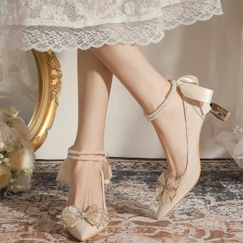 Fashion Women's Fashion Chunky Single Shoes Fall New Pointy Head Shallow Mouth Butterfly Knot Bead High Heel Low Top Shoes