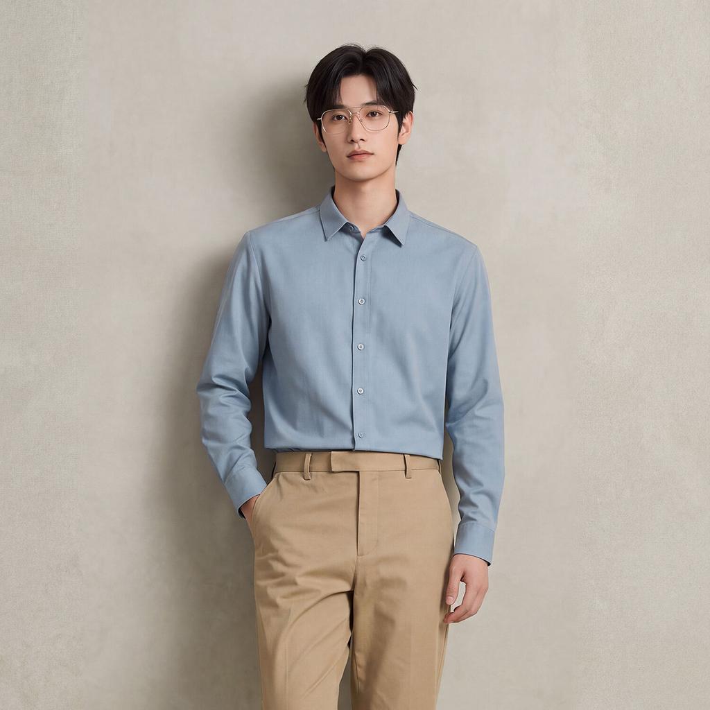 HLA Shirts Men's Blue Gray 7C Lapel Thickened Straight Fit HNEAW4F083A