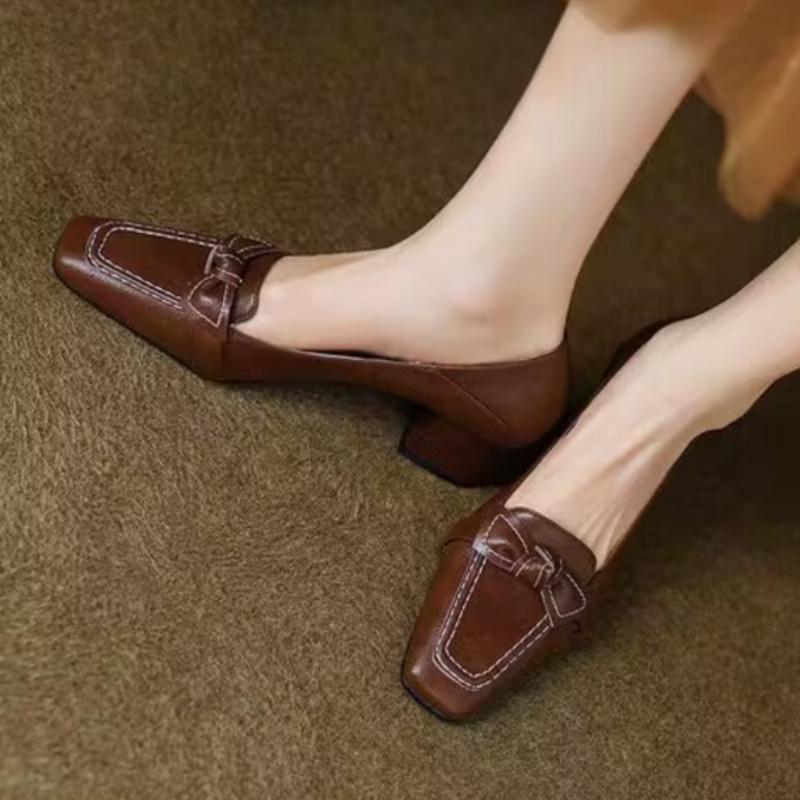 Women Retro Bowknot High Heels Spring Autumn Fashion Elegant Square Toe Stiletto Chunky Heels Pumps Party Dress Casual Shoes
