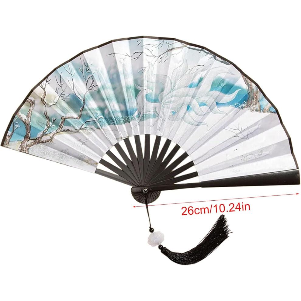 Chinese Double-Sided Folding Fan for Home, Decorative Art Hand Fan with Tassels for Parties, 9-Inch Size, Traditional Style